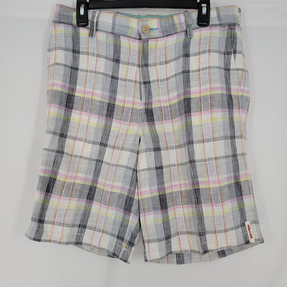 Tommy Bahama Relax Madras Flat Front Shorts Gray Pink Yellow Plaid Men's 32